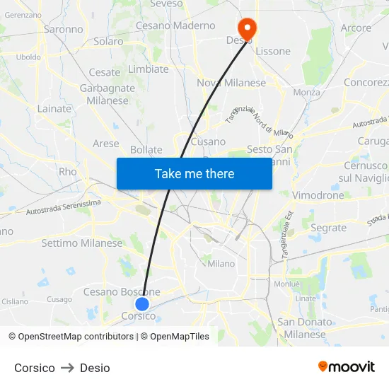 Corsico to Desio map