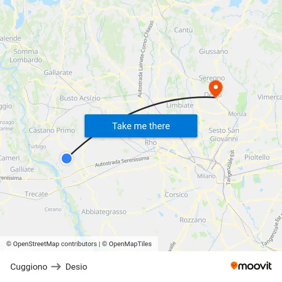Cuggiono to Desio map