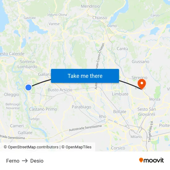 Ferno to Desio map