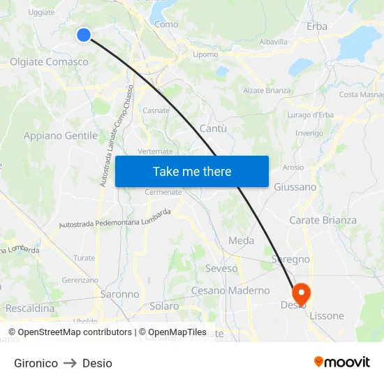 Gironico to Desio map