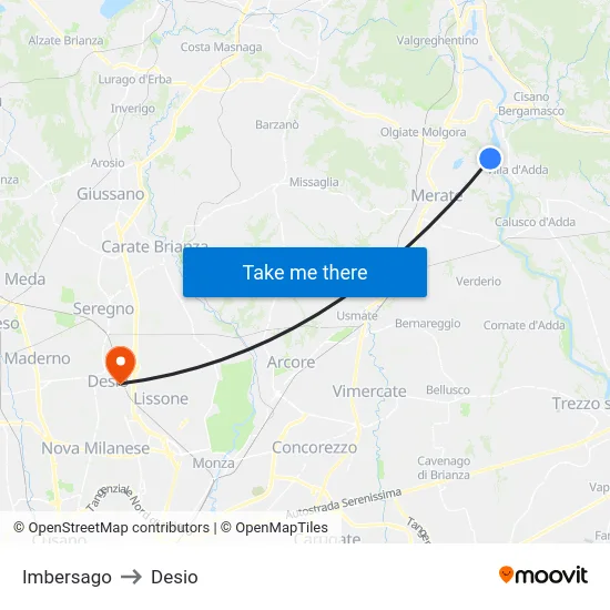 Imbersago to Desio map