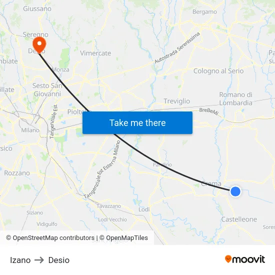Izano to Desio map