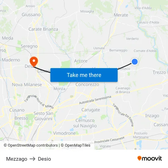 Mezzago to Desio map