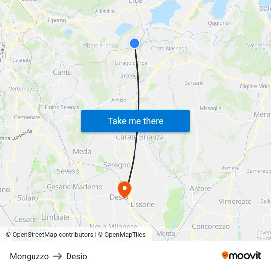 Monguzzo to Desio map