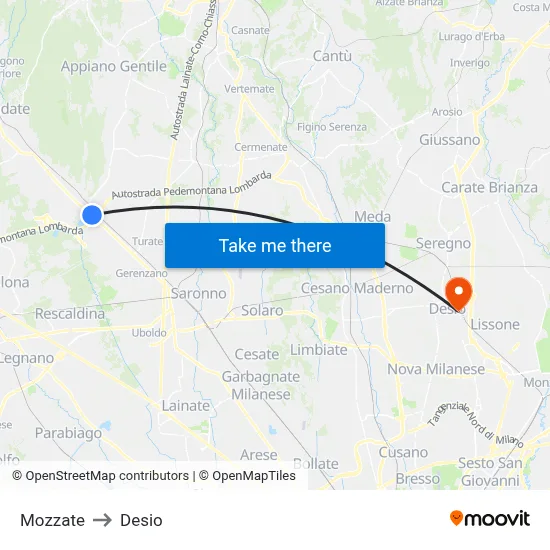 Mozzate to Desio map