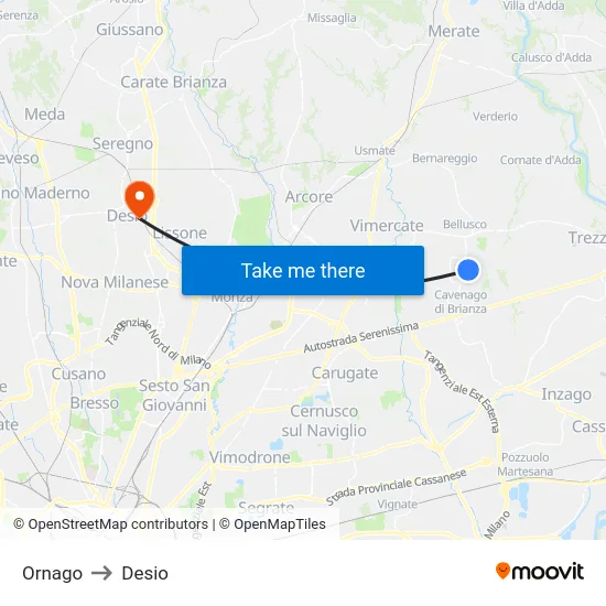 Ornago to Desio map