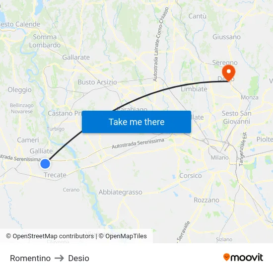 Romentino to Desio map