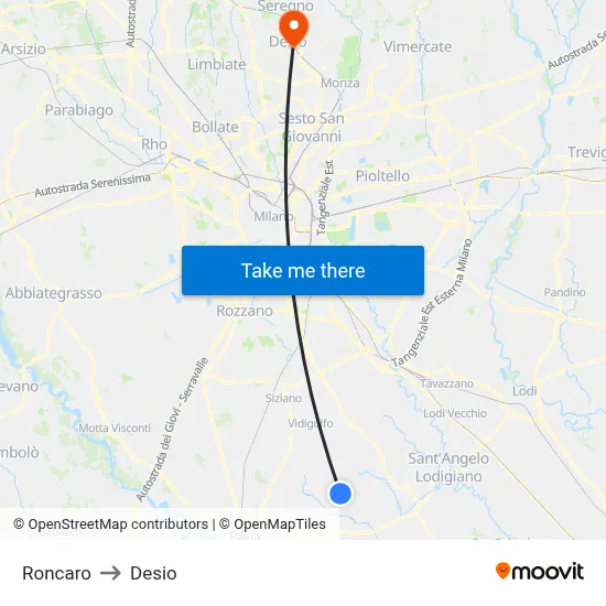 Roncaro to Desio map