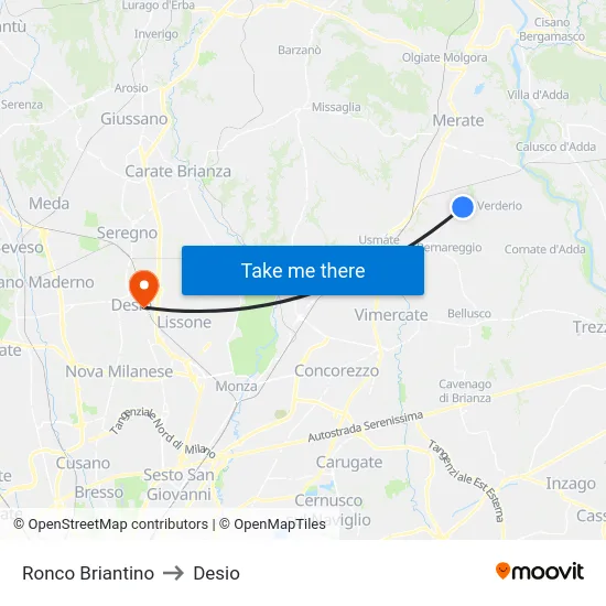 Ronco Briantino to Desio map