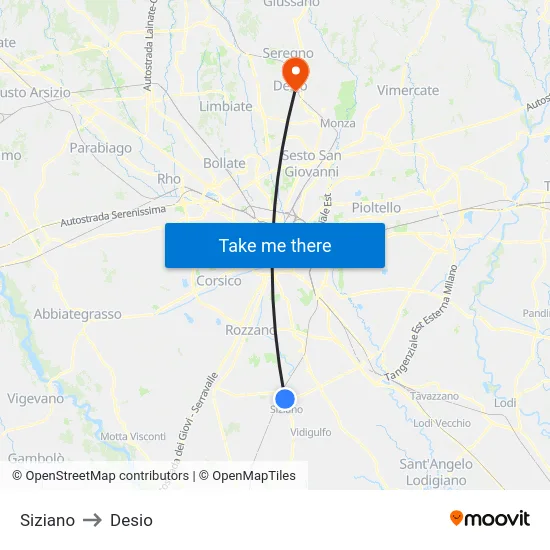 Siziano to Desio map
