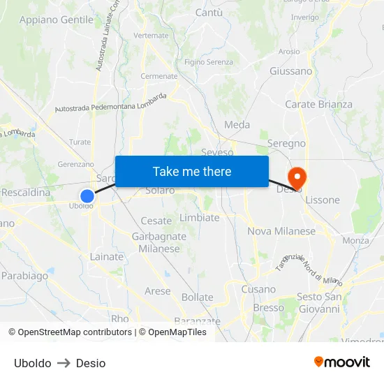 Uboldo to Desio map