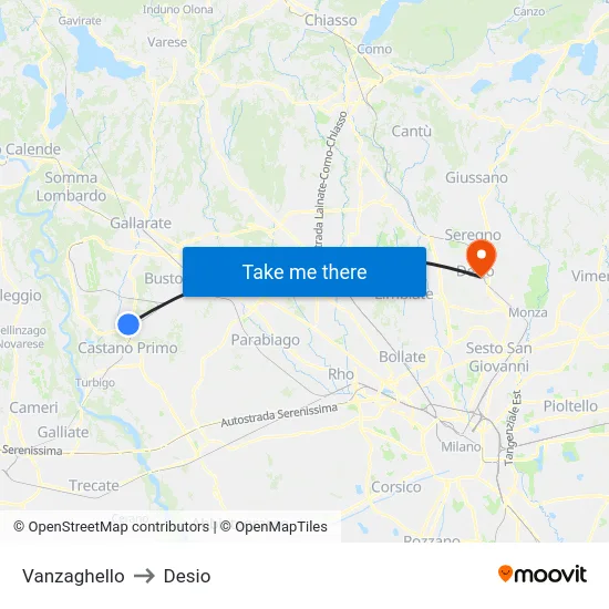 Vanzaghello to Desio map