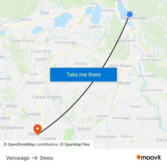 Vercurago to Desio map