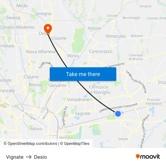 Vignate to Desio map