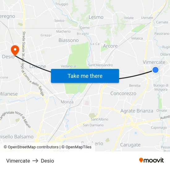 Vimercate to Desio map