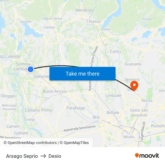 Arsago Seprio to Desio map