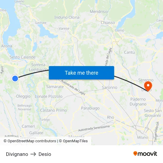 Divignano to Desio map