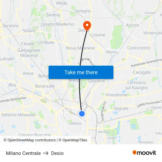 Milano Centrale to Desio map