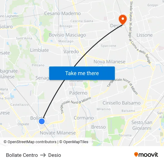 Bollate Centro to Desio map