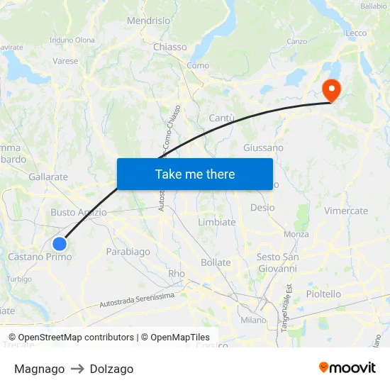 Magnago to Dolzago map