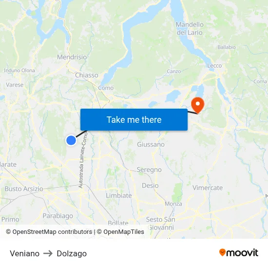 Veniano to Dolzago map