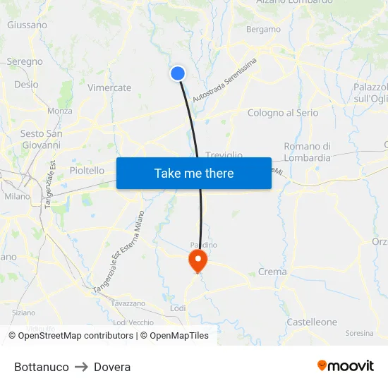 Bottanuco to Dovera map