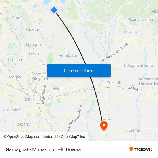 Garbagnate Monastero to Dovera map