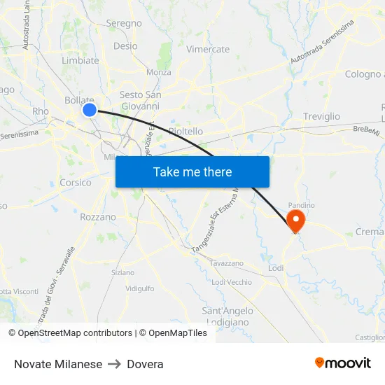 Novate Milanese to Dovera map