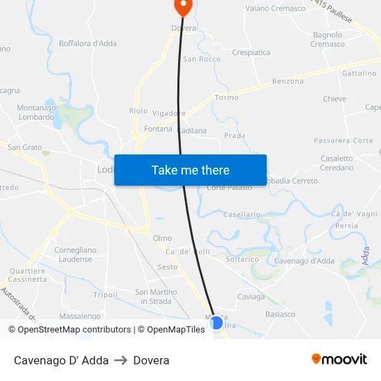 Cavenago D' Adda to Dovera map