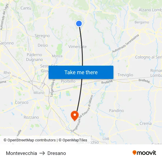 Montevecchia to Dresano map