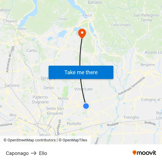 Caponago to Ello map