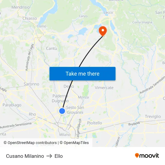 Cusano Milanino to Ello map