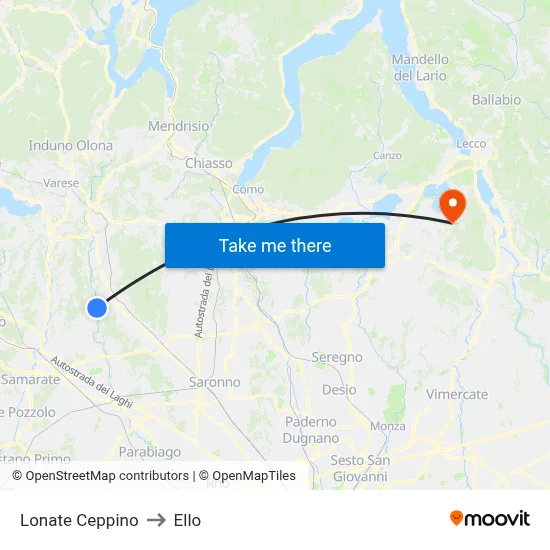 Lonate Ceppino to Ello map