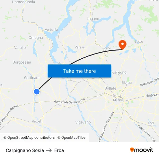 Carpignano Sesia to Erba map