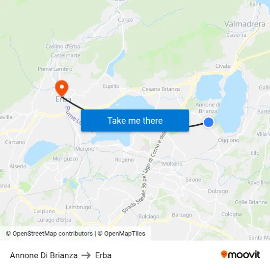 Annone di Brianza to Erba map