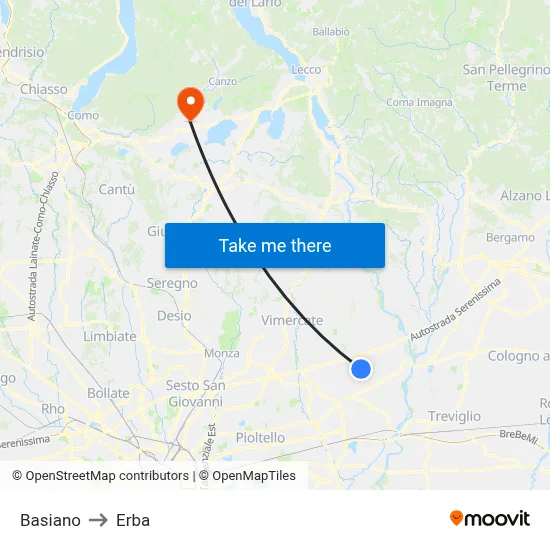 Basiano to Erba map