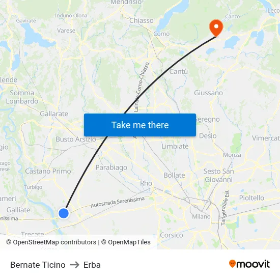 Bernate Ticino to Erba map