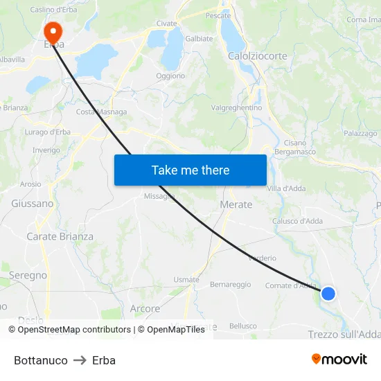 Bottanuco to Erba map