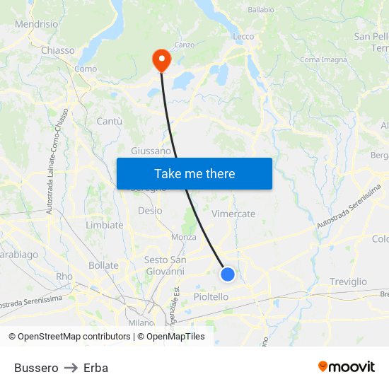 Bussero to Erba map