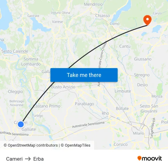Cameri to Erba map