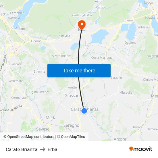 Carate Brianza to Erba map