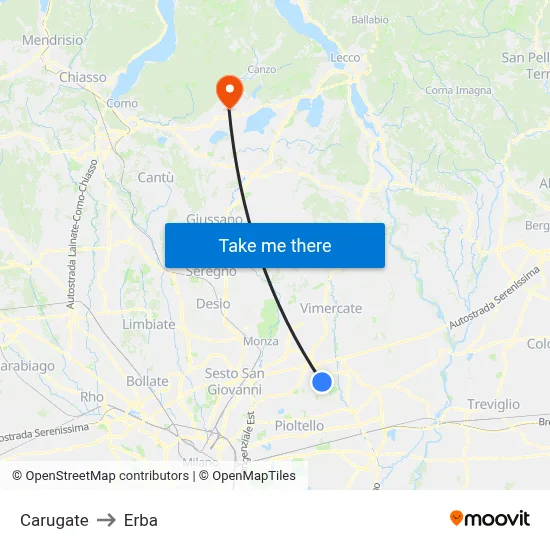 Carugate to Erba map