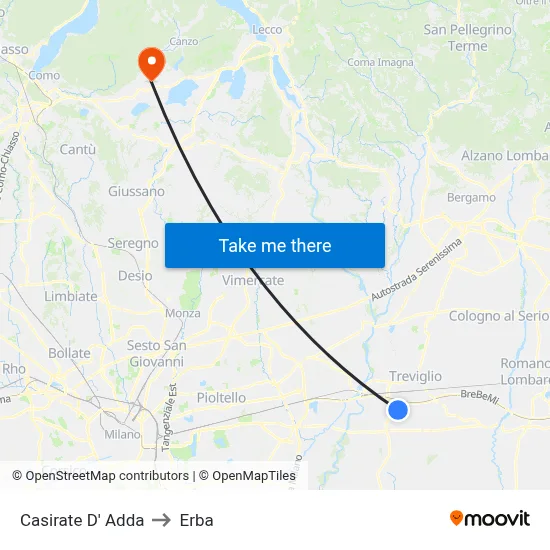 Casirate D' Adda to Erba map