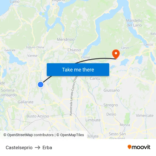 Castelseprio to Erba map