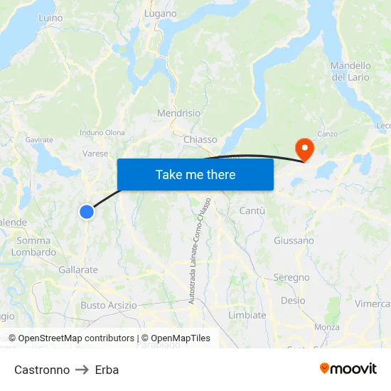 Castronno to Erba map