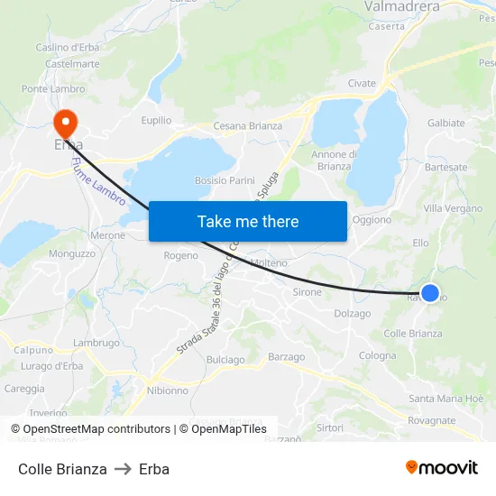 Colle Brianza to Erba map