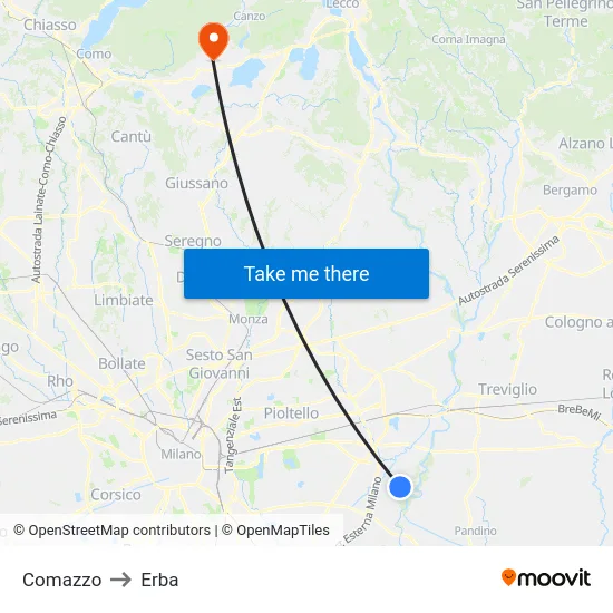 Comazzo to Erba map