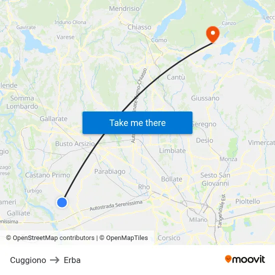 Cuggiono to Erba map