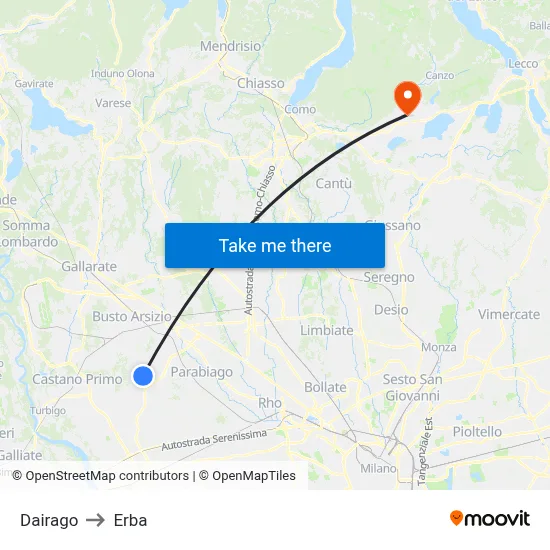 Dairago to Erba map