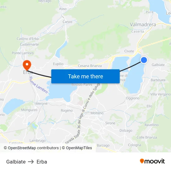 Galbiate to Erba map